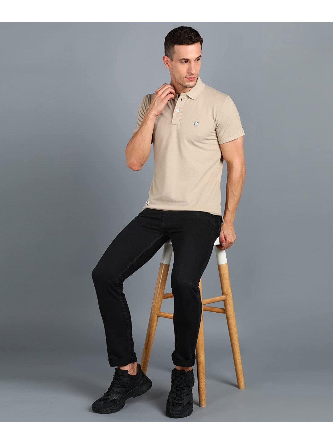 Collar Plain Half T-Shirt Beige
